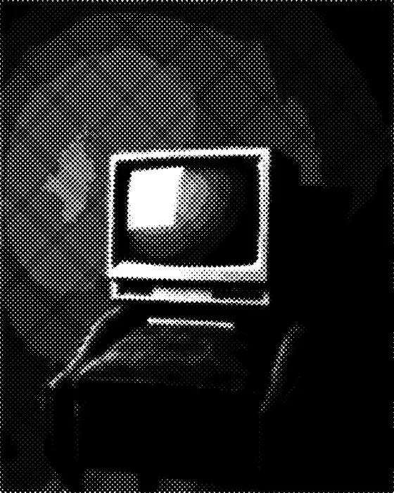Formal halftone portrait of an old computer monitor sitting upright in an armchair