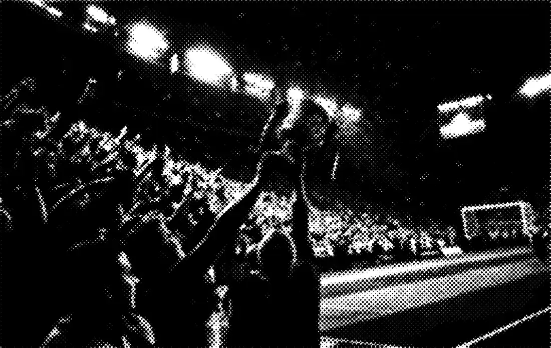 Newspaper halftone photo: a swarm in floodlights as a trophy is lifted over the crowd